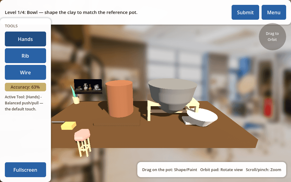 Pottery-wheel game screenshot — shaping a bowl on the wheel